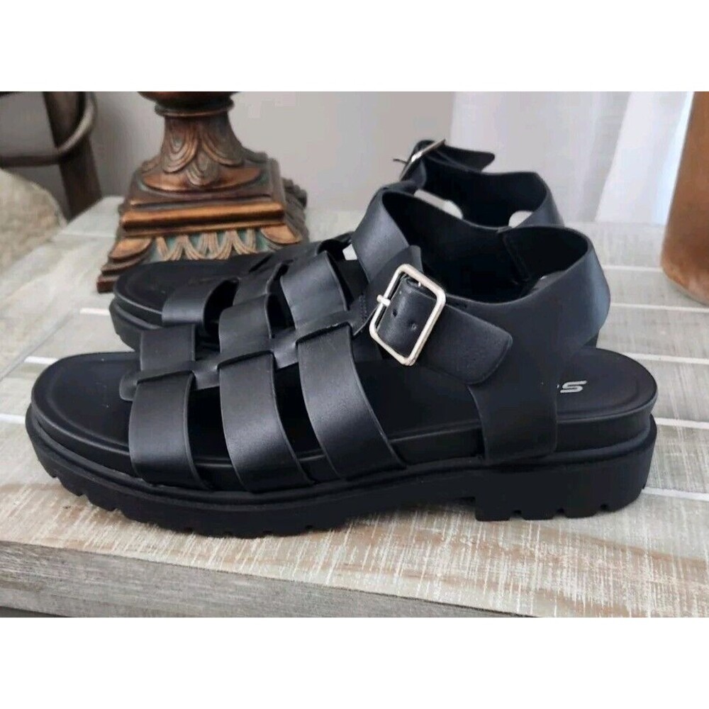 Women 9 Soda Black Ankle Strap  Open Toe Strappy Block Heeled Sandals Shoes